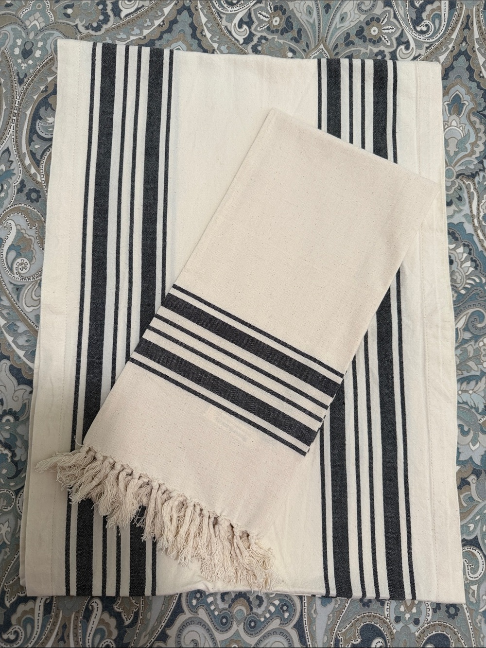 Cost Plus World Market Cream and Black Striped table runner and Kitchen Towel